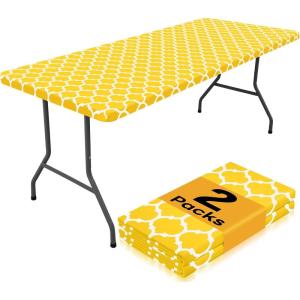 imageSmiry 2 Pack Rectangle Table Cloth 6 Foot Waterproof Elastic Fitted Tablecloths Windproof Washable Polyester Table Cover for Picnic Camping Outdoor Black 30quotx72quotYellow