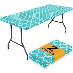 imageSmiry 2 Pack Rectangle Table Cloth 6 Foot Waterproof Elastic Fitted Tablecloths Windproof Washable Polyester Table Cover for Picnic Camping Outdoor Black 30quotx72quotAqua