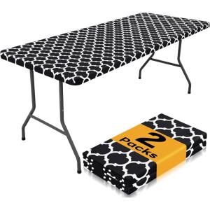 imageSmiry 2 Pack Rectangle Table Cloth 6 Foot Waterproof Elastic Fitted Tablecloths Windproof Washable Polyester Table Cover for Picnic Camping Outdoor Black 30quotx72quotBlack