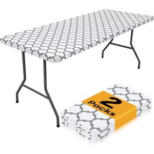 imageSmiry 2 Pack Rectangle Table Cloth 6 Foot Waterproof Elastic Fitted Tablecloths Windproof Washable Polyester Table Cover for Picnic Camping Outdoor Black 30quotx72quotWhite