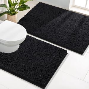 imageSmiry Bathroom Rugs Set 2 Piece Soft Absorbent Chenille Bath Mat and UShaped Toilet Rug Set Non Slip Shaggy Bath Carpet for Tub Shower and Floor 24x1624x20 BlackBlack