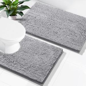 imageSmiry Bathroom Rugs and Mats Set 2 Piece U Shaped Chenille Bath Mat and UShaped Toilet Rug Set Non Slip Absorbent Shaggy Bath Rug for Tub Shower and Bath Room 30quot x 20quot24quot x 20quot WhiteGrey