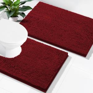 imageSmiry Bathroom Rugs and Mats Set 2 Piece U Shaped Chenille Bath Mat and UShaped Toilet Rug Set Non Slip Absorbent Shaggy Bath Rug for Tub Shower and Bath Room 30quot x 20quot24quot x 20quot WhiteBurgundy