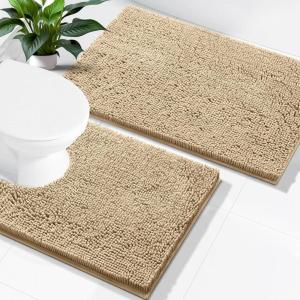 imageSmiry Bathroom Rugs and Mats Set 2 Piece U Shaped Chenille Bath Mat and UShaped Toilet Rug Set Non Slip Absorbent Shaggy Bath Rug for Tub Shower and Bath Room 30quot x 20quot24quot x 20quot WhiteBeige