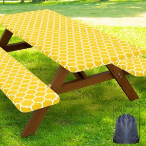 imageSmiry Picnic Table Cover with Bench Covers Waterproof Elastic Fitted Tablecloth for 6 Foot Tables Washable Polyester Tablecloths for Camping Indoor ampamp Outdoor Green Blue 30x72 Inch 3pc SetYellow