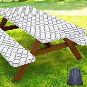 imageSmiry Picnic Table Cover with Bench Covers Waterproof Elastic Fitted Tablecloth for 6 Foot Tables Washable Polyester Tablecloths for Camping Indoor ampamp Outdoor Green Blue 30x72 Inch 3pc SetWhite