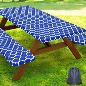 imageSmiry Picnic Table Cover with Bench Covers Waterproof Elastic Fitted Tablecloth for 6 Foot Tables Washable Polyester Tablecloths for Camping Indoor ampamp Outdoor Green Blue 30x72 Inch 3pc SetBlue