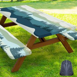 imageSmiry Picnic Table Cover with Bench Covers Waterproof Elastic Fitted Tablecloth for 6 Foot Tables Washable Polyester Tablecloths for Camping Indoor ampamp Outdoor Green Blue 30x72 Inch 3pc SetGreen Blue