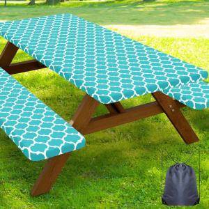 imageSmiry Picnic Table Cover with Bench Covers Waterproof Elastic Fitted Tablecloth for 6 Foot Tables Washable Polyester Tablecloths for Camping Indoor ampamp Outdoor Green Blue 30x72 Inch 3pc SetTeal