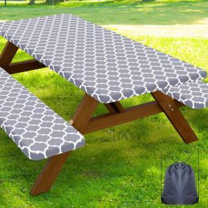 imageSmiry Picnic Table Cover with Bench Covers Waterproof Elastic Fitted Tablecloth for 6 Foot Tables Washable Polyester Tablecloths for Camping Indoor ampamp Outdoor Green Blue 30x72 Inch 3pc SetGrey