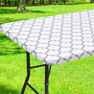 imageSmiry Rectangle Picnic Table Cover Waterproof Elastic Fitted Camping Tablecloths for 6 Foot Tables Wipeable Flannel Backed Vinyl Tablecloth Protector for Indoor Outdoor Coffee 30x72 InchesWhite