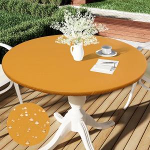imageSmiry Round Table Cloth Cover Elastic Fitted Flannel Backed Vinyl Tablecloths for 36quot44quot Round Tables Waterproof Wipeable Table Covers for Indoor Outdoor Picnic and Camping Mustard Yellow