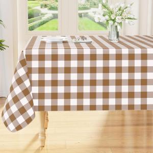 imageSmiry Round Plastic Table Cloth Waterproof Vinyl Tablecloth with Flannel Backing Wipeable Buffalo Plaid Table Cover for Dining Indoor and Outdoor Black ampamp White 60quot RoundBrown  White