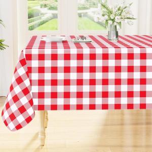 imageSmiry Round Plastic Table Cloth Waterproof Vinyl Tablecloth with Flannel Backing Wipeable Buffalo Plaid Table Cover for Dining Indoor and Outdoor Black ampamp White 60quot RoundRed  White