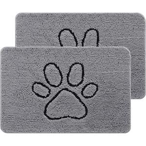 imageSmiry 2 Piece Dog Door Mat for Muddy Paws Absorbent Dirt Trapper Non Slip Quick Dry Washable Chenille Mat for Mud Dogs Entry Rug for Indoor and Outdoor 30x20 Inches BrownGrey