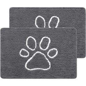 imageSmiry 2 Piece Dog Door Mat for Muddy Paws Absorbent Dirt Trapper Non Slip Quick Dry Washable Chenille Mat for Mud Dogs Entry Rug for Indoor and Outdoor 30x20 Inches BrownDark Grey