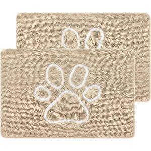 imageSmiry 2 Piece Dog Door Mat for Muddy Paws Absorbent Dirt Trapper Non Slip Quick Dry Washable Chenille Mat for Mud Dogs Entry Rug for Indoor and Outdoor 30x20 Inches BrownBeige