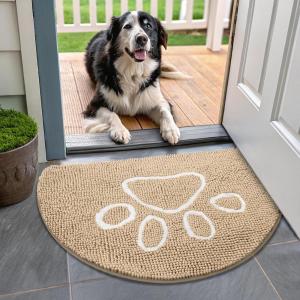 imageSmiry Half Circle Dog Door Mat for Muddy Paws Absorbent Dirt Trapper Non Slip Quick Dry Washable Chenille Mat for Mud Dogs Entry Rug for Indoor and Outdoor 30x20 Inches GreyBeige