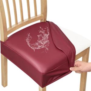 imageSmiry Waterproof Seat Covers for Chairs Set of 4 Stretch Pu Leather Removable Washable Dining Room Chair Seat Slipcovers Protector No Rear Covers OrangeWine Red