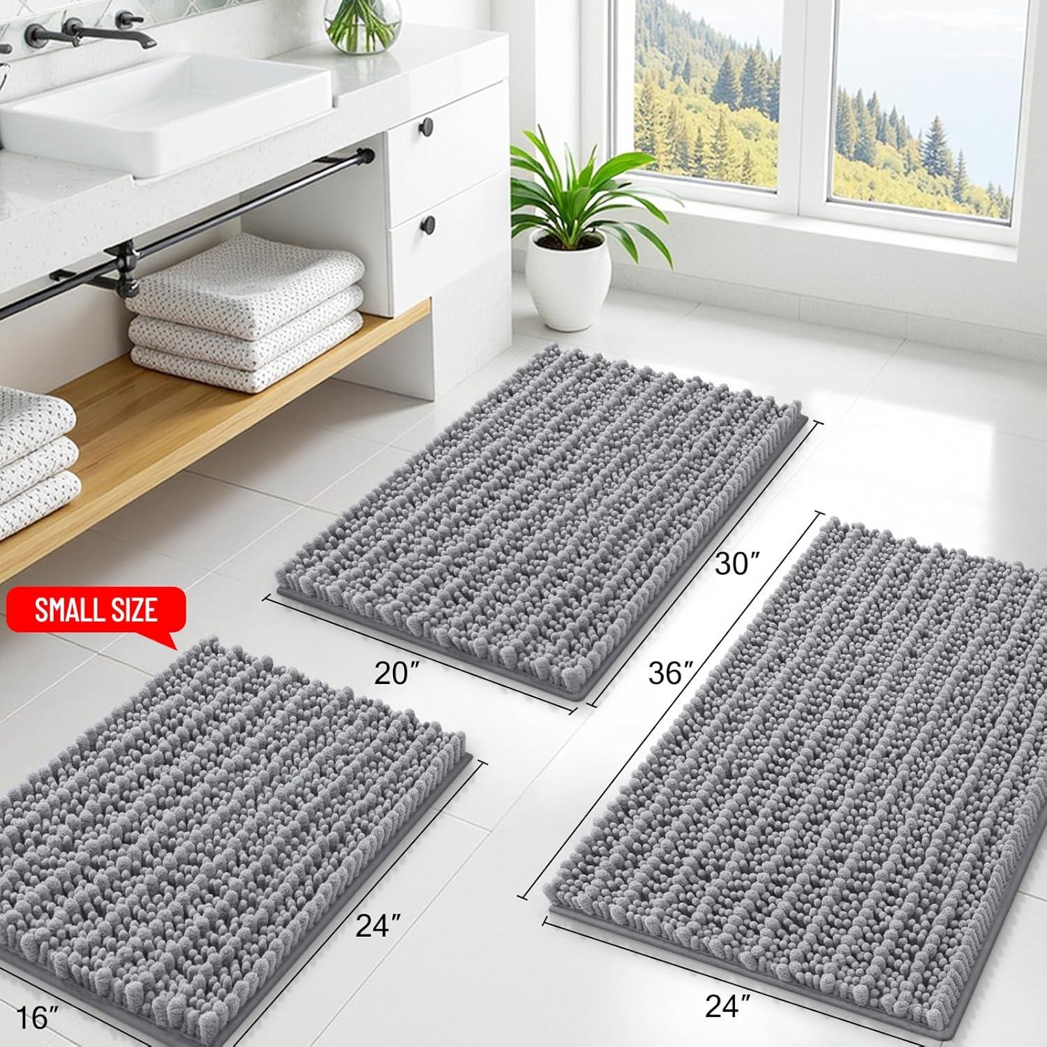 imageSmiry Bathroom Rugs Mat Set 2 Piece 24X16UShaped 20x20 Extra Soft Absorbent Non Slip Rubber Backing Machine Washable Quick Dry Chenille Bath Rug Set for Tub Shower and FloorGrey