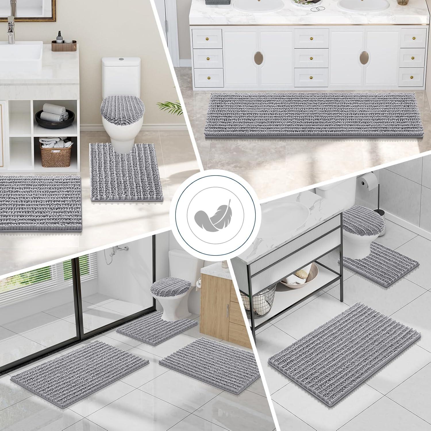 imageSmiry Bathroom Rugs Set 3 Piece Extra Soft Absorbent Non Slip Rubber Backing Machine Washable Quick Dry Chenille Bath Rug Set for Tub Shower and Floor 34quot x 21quot30quot x 20quot UShaped 24quot x 20quot Grey