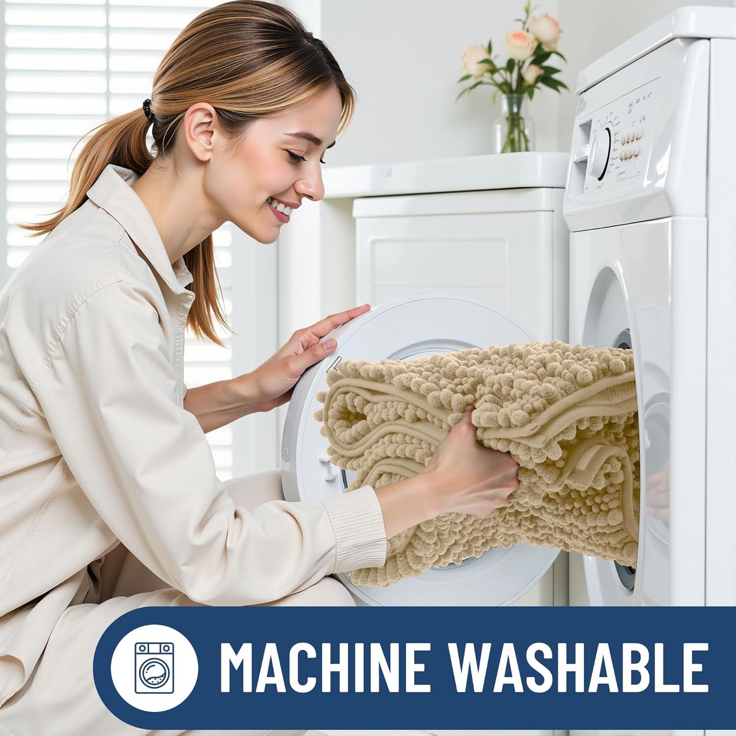 imageSmiry Bathroom Rugs Set 3 Piece Extra Soft Absorbent Non Slip Rubber Backing Machine Washable Quick Dry Chenille Bath Rug Set for Tub Shower and Floor 36quot x 24quot30quot x 20quot UShaped 24quot x 20quot Beige