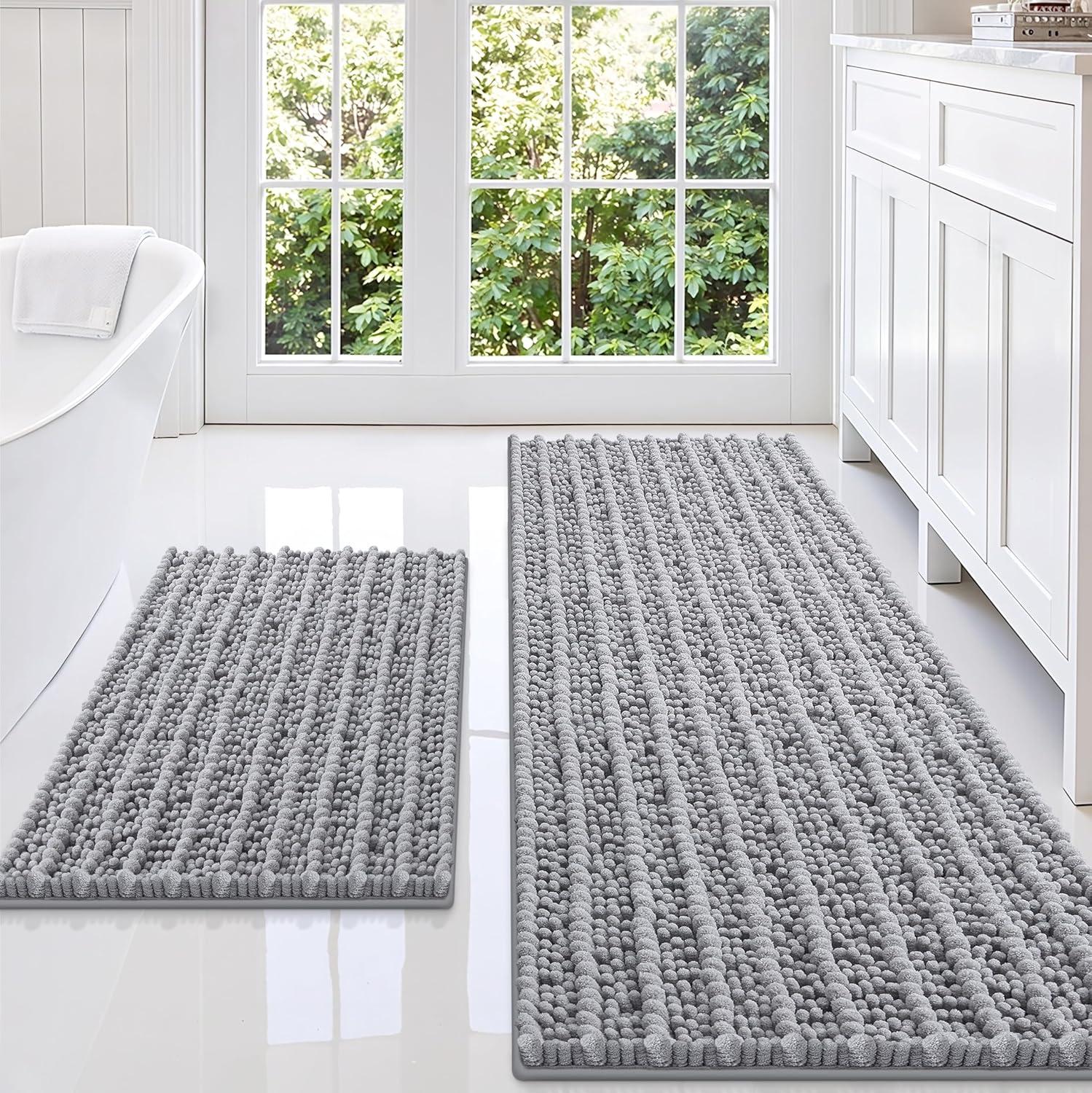 imageSmiry Bathroom Rugs Set 3 Piece Extra Soft Absorbent Non Slip Rubber Backing Machine Washable Quick Dry Chenille Bath Rug Set for Tub Shower and Floor 59quot x 20quot30quot x 20quot UShaped 24quot x 20quot Grey