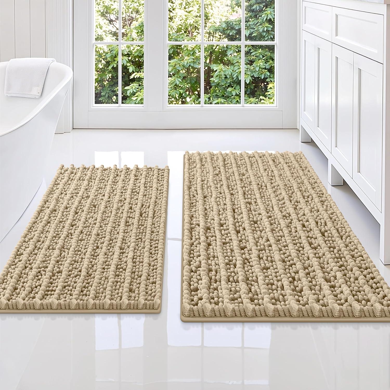 imageSmiry Bathroom Rugs Set 3 Piece Extra Soft Absorbent Non Slip Rubber Backing Machine Washable Quick Dry Chenille Bath Rug Set for Tub Shower and Floor 36quot x 24quot30quot x 20quot UShaped 24quot x 20quot Beige