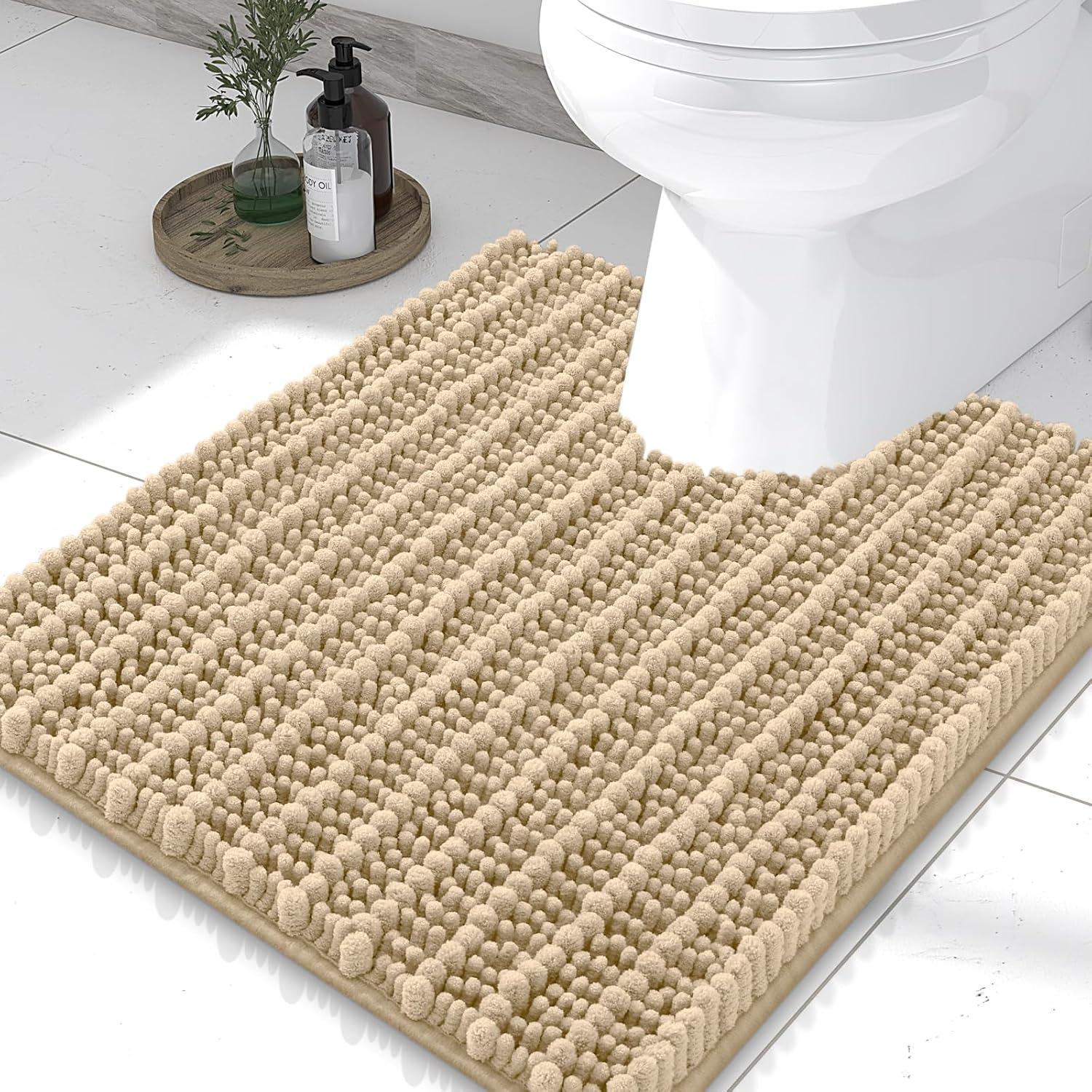imageSmiry Bathroom Rugs Set 3 Piece Extra Soft Absorbent Non Slip Rubber Backing Machine Washable Quick Dry Chenille Bath Rug Set for Tub Shower and Floor 36quot x 24quot30quot x 20quot UShaped 24quot x 20quot Beige