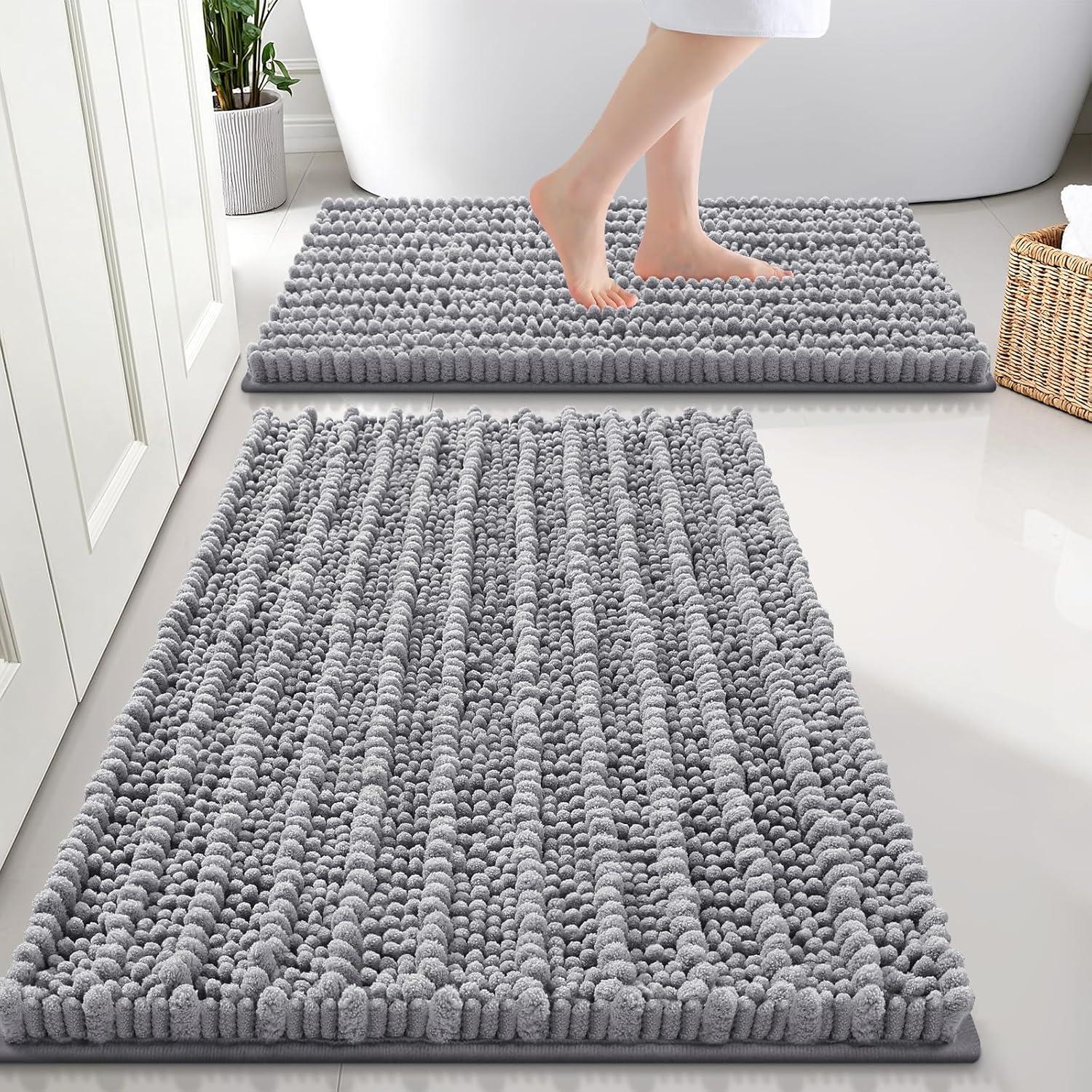 imageSmiry Bathroom Rugs Set 3 Piece Extra Soft Absorbent Non Slip Rubber Backing Machine Washable Quick Dry Chenille Bath Rug Set for Tub Shower and Floor 30quot x 20quot24quot x 16quot UShaped 24quot x 20quot Grey