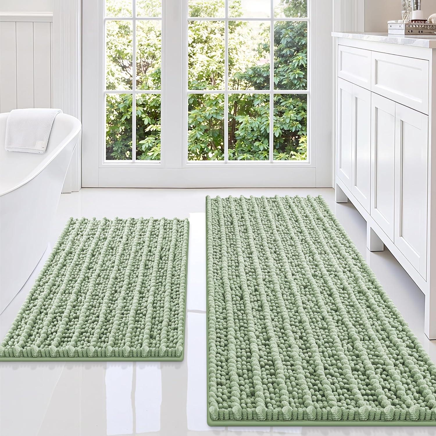 imageSmiry Bathroom Rugs Sets 2 Piece Soft Absorbent Non Slip Rubber Backing Machine Washable Quick Dry Chenille Bath Rug Set for Tub Shower and Floor 30quot x 20quot Plus 24quot x 16quot BeigeSage Green