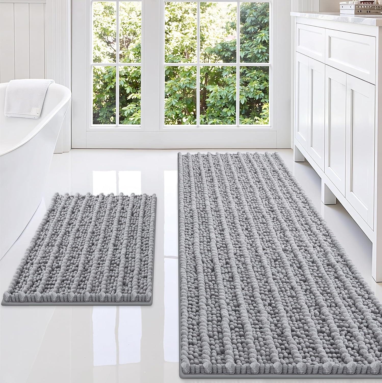 imageSmiry Bathroom Rugs Sets 2 Piece Soft Absorbent Non Slip Rubber Backing Machine Washable Quick Dry Chenille Bath Rug Set for Tub Shower and Floor 30quot x 20quot Plus 24quot x 16quot BeigeGrey