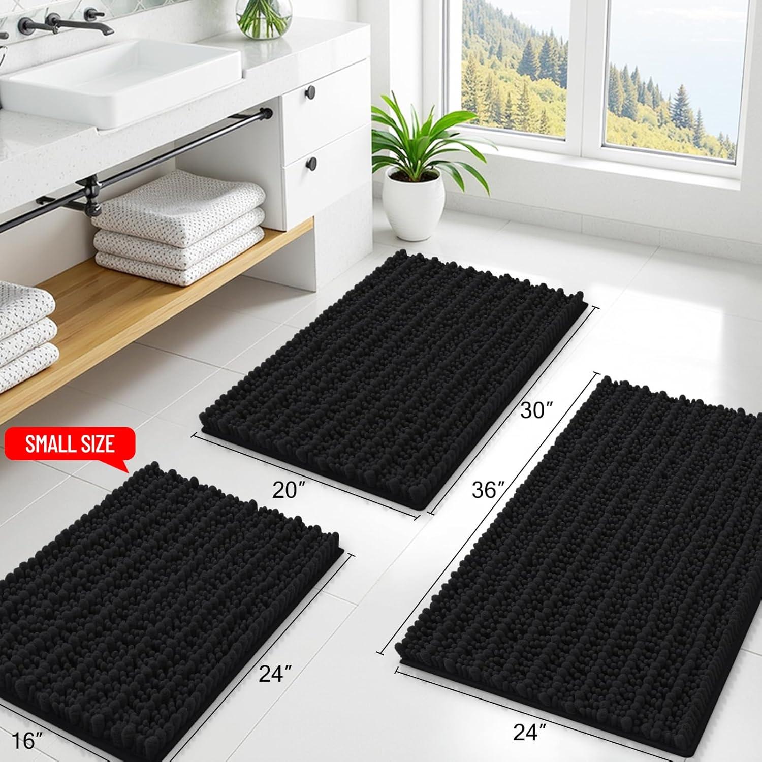 imageSmiry Bathroom Rugs Sets 2 Piece Soft Absorbent Non Slip Rubber Backing Machine Washable Quick Dry Chenille Bath Rug Set for Tub Shower and Floor 30quot x 20quot Plus 24quot x 16quot BeigeBlack