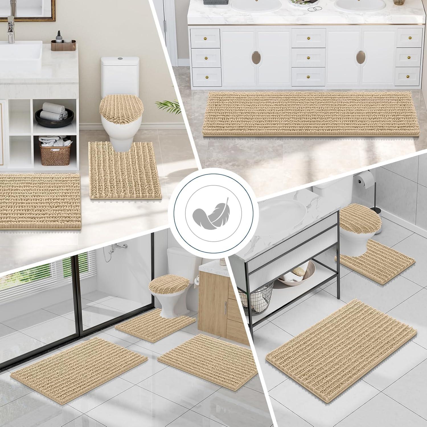 imageSmiry Bathroom Rugs Sets 2 Piece Soft Absorbent Non Slip Rubber Backing Machine Washable Quick Dry Chenille Bath Rug Set for Tub Shower and Floor 30quot x 20quot Plus 24quot x 16quot BeigeBeige