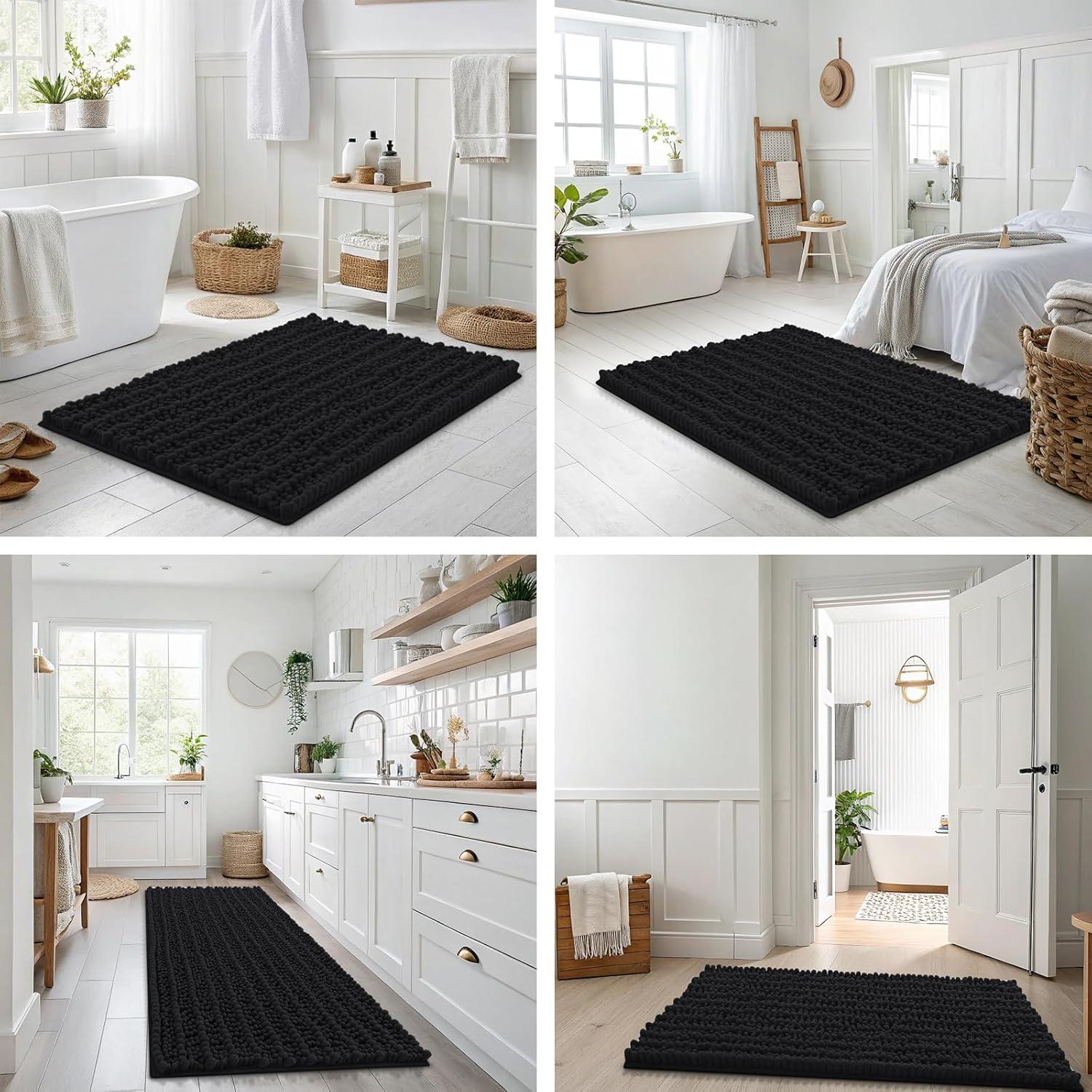 imageSmiry Bathroom Rugs Sets 2 Piece Soft Absorbent Non Slip Rubber Backing Machine Washable Quick Dry Chenille Bath Rug Set for Tub Shower and Floor 30quot x 20quot Plus 24quot x 16quot BeigeBlack
