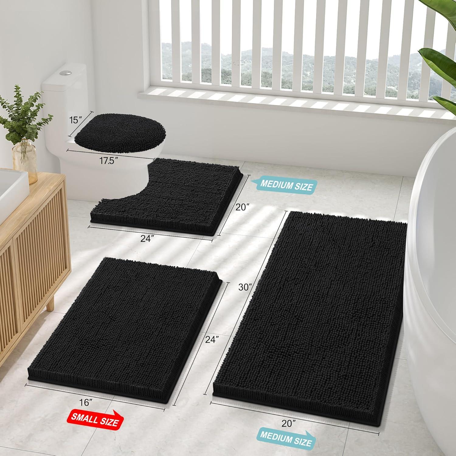 imageSmiry Luxury Chenille Bathroom Rugs 24x16 Extra Soft and Absorbent Shaggy Bath Mat Machine Washable NonSlip Plush Carpet Runner for Tub Shower and Floor Home Decor Accessories Black