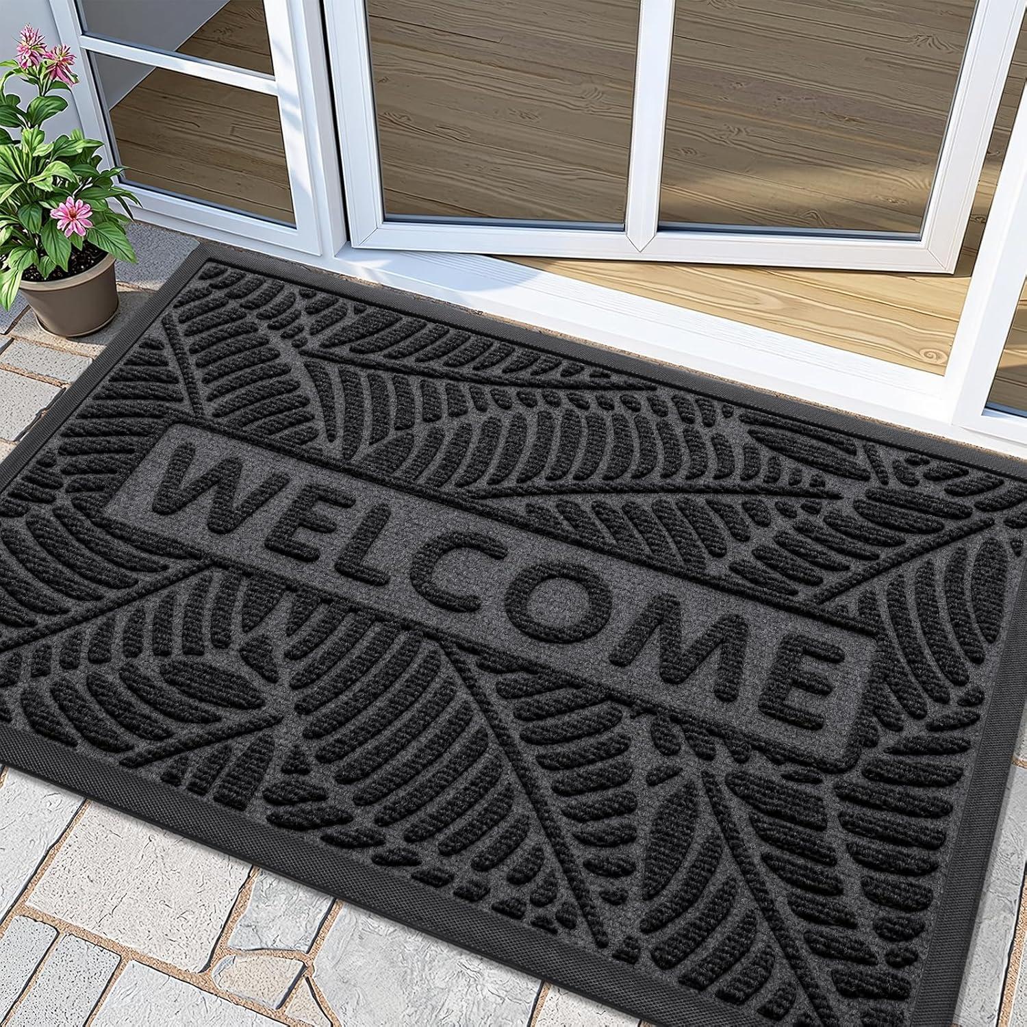 imageSmiry Welcome Mat Indoor Outdoor AllSeason Waterproof Front Door Mat Sturdy Natural Rubber Doormat NonSlip Easy Clean Low Profile Dirt Trapper for Porch Patio Entrance 295x17 GreenGrey