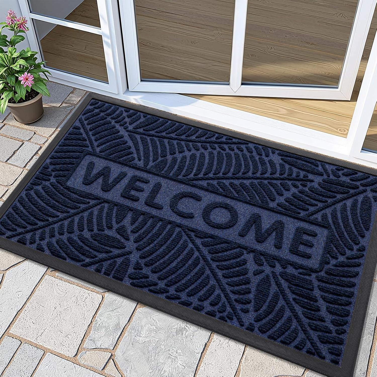 imageSmiry Welcome Mat Indoor Outdoor AllSeason Waterproof Front Door Mat Sturdy Natural Rubber Doormat NonSlip Easy Clean Low Profile Dirt Trapper for Porch Patio Entrance 295x17 GreenNavy