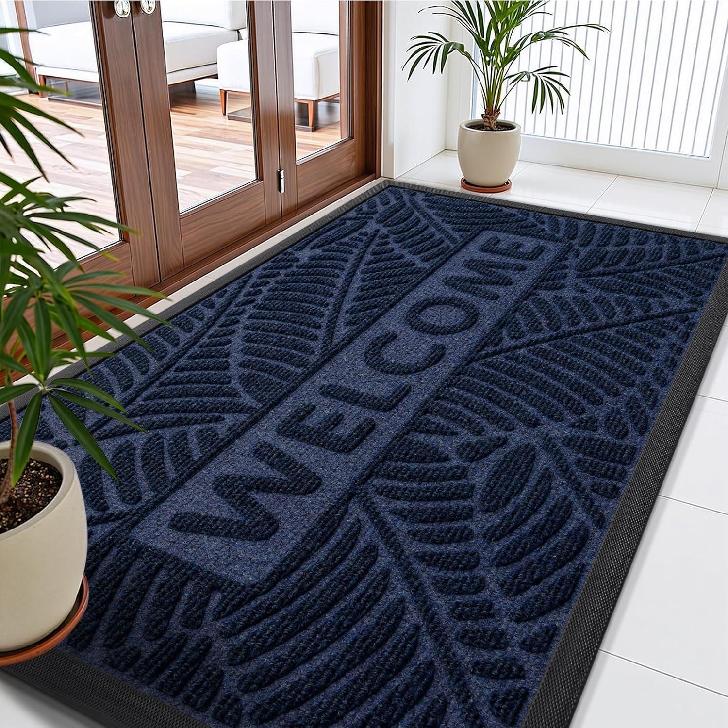 imageSmiry Welcome Mat Indoor Outdoor AllSeason Waterproof Front Door Mat Sturdy Natural Rubber Doormat NonSlip Easy Clean Low Profile Dirt Trapper for Porch Patio Entrance 295x17 GreenNavy