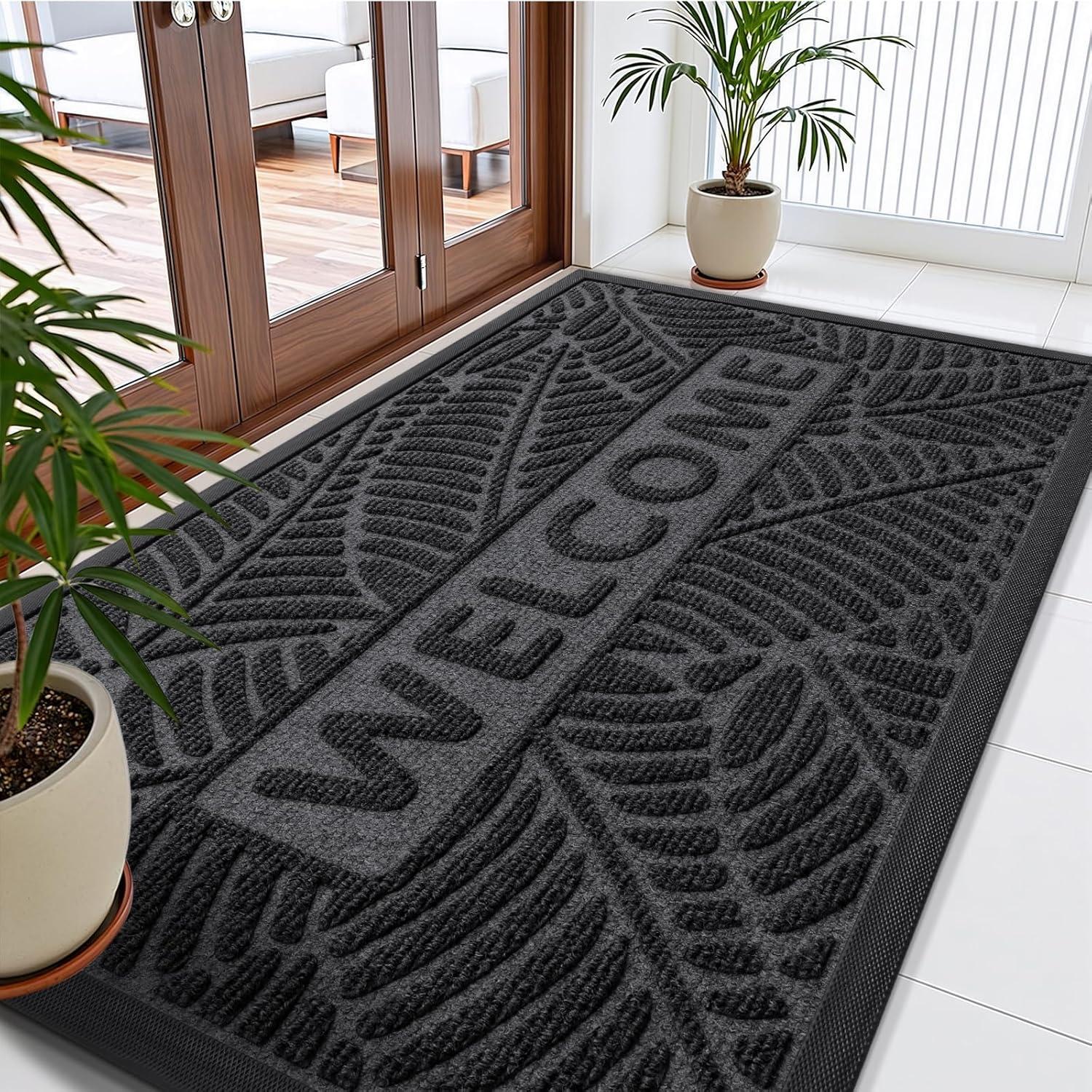 imageSmiry Welcome Mat Indoor Outdoor AllSeason Waterproof Front Door Mat Sturdy Natural Rubber Doormat NonSlip Easy Clean Low Profile Dirt Trapper for Porch Patio Entrance 295x17 GreenGrey