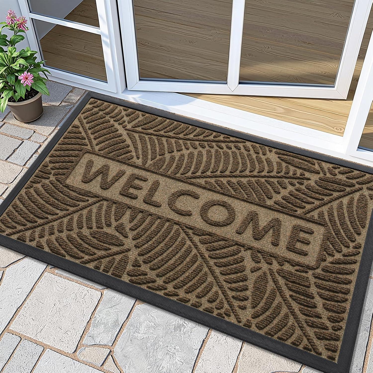 imageSmiry Welcome Mat Indoor Outdoor AllSeason Waterproof Front Door Mat Sturdy Natural Rubber Doormat NonSlip Easy Clean Low Profile Dirt Trapper for Porch Patio Entrance 295x17 GreenBrown