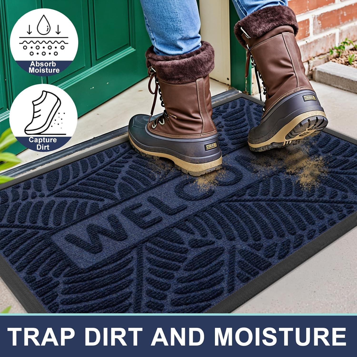 imageSmiry Welcome Mat Indoor Outdoor AllSeason Waterproof Front Door Mat Sturdy Natural Rubber Doormat NonSlip Easy Clean Low Profile Dirt Trapper for Porch Patio Entrance 295x17 GreenNavy