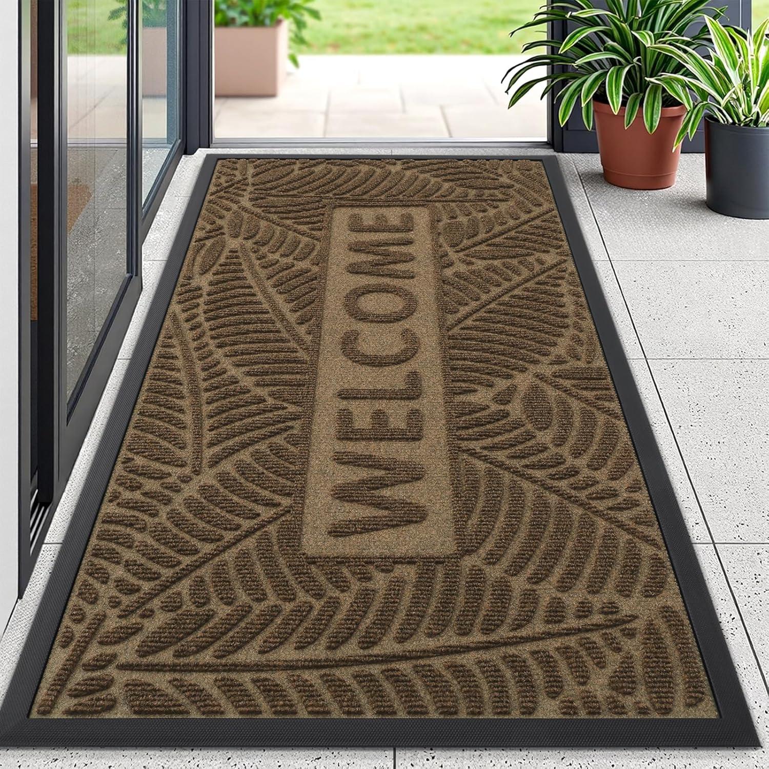 imageSmiry Welcome Mat Indoor Outdoor AllSeason Waterproof Front Door Mat Sturdy Natural Rubber Doormat NonSlip Easy Clean Low Profile Dirt Trapper for Porch Patio Entrance 295x17 GreenBrown