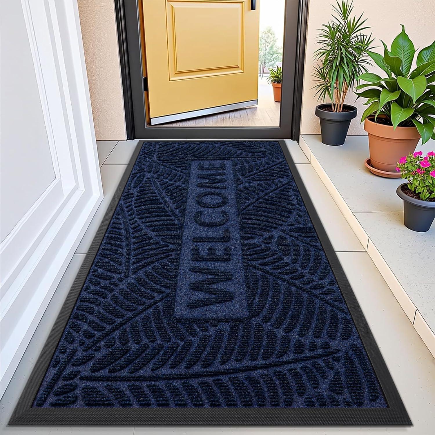 imageSmiry Welcome Mat Indoor Outdoor AllSeason Waterproof Front Door Mat Sturdy Natural Rubber Doormat NonSlip Easy Clean Low Profile Dirt Trapper for Porch Patio Entrance 295x17 GreenNavy