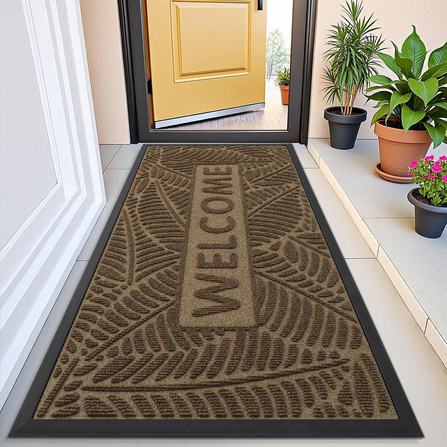 imageSmiry Welcome Mat Indoor Outdoor AllSeason Waterproof Front Door Mat Sturdy Natural Rubber Doormat NonSlip Easy Clean Low Profile Dirt Trapper for Porch Patio Entrance 295x17 GreenBrown