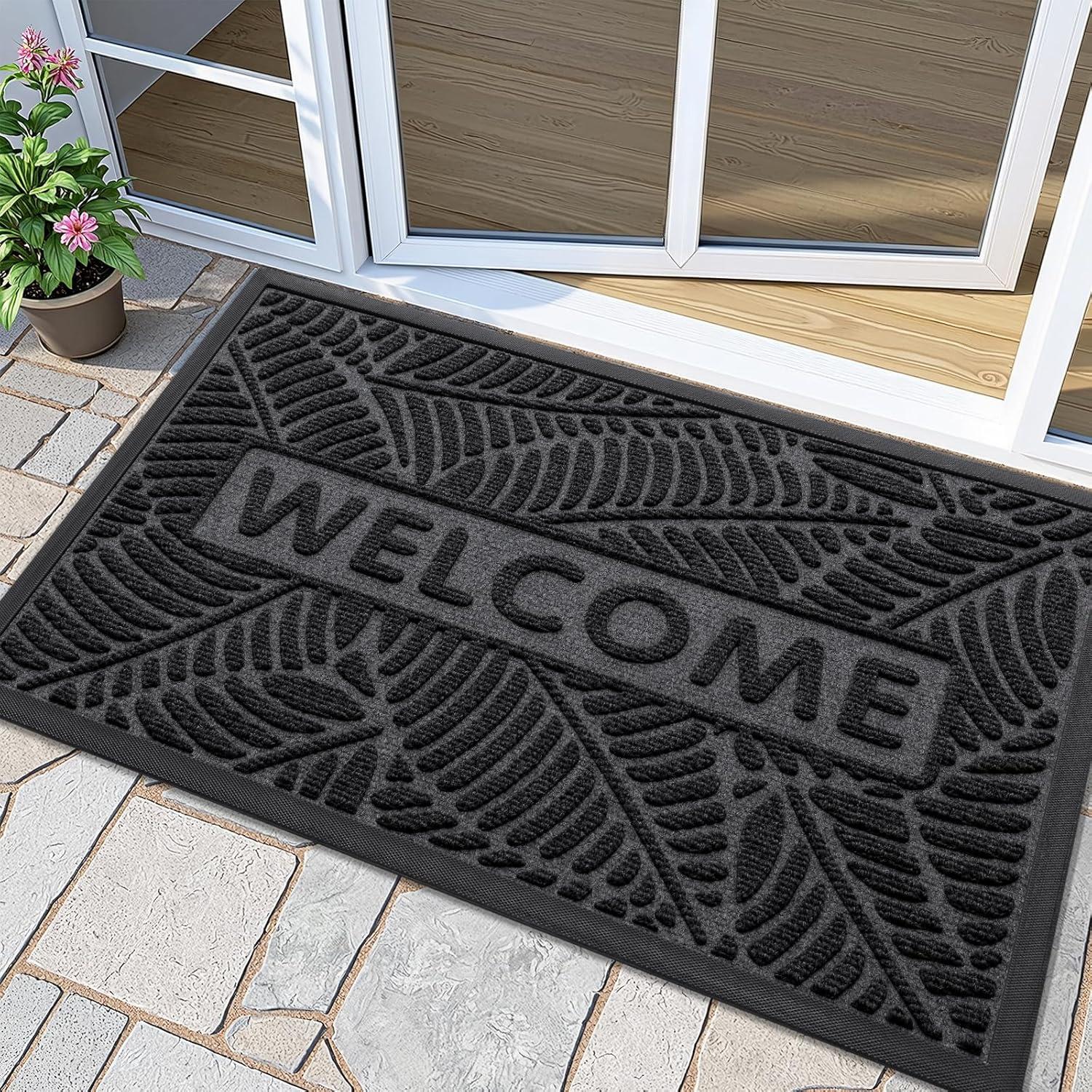 imageSmiry Welcome Mat Indoor Outdoor AllSeason Waterproof Front Door Mat Sturdy Natural Rubber Doormat NonSlip Easy Clean Low Profile Dirt Trapper for Porch Patio Entrance 295x17 GreenGrey
