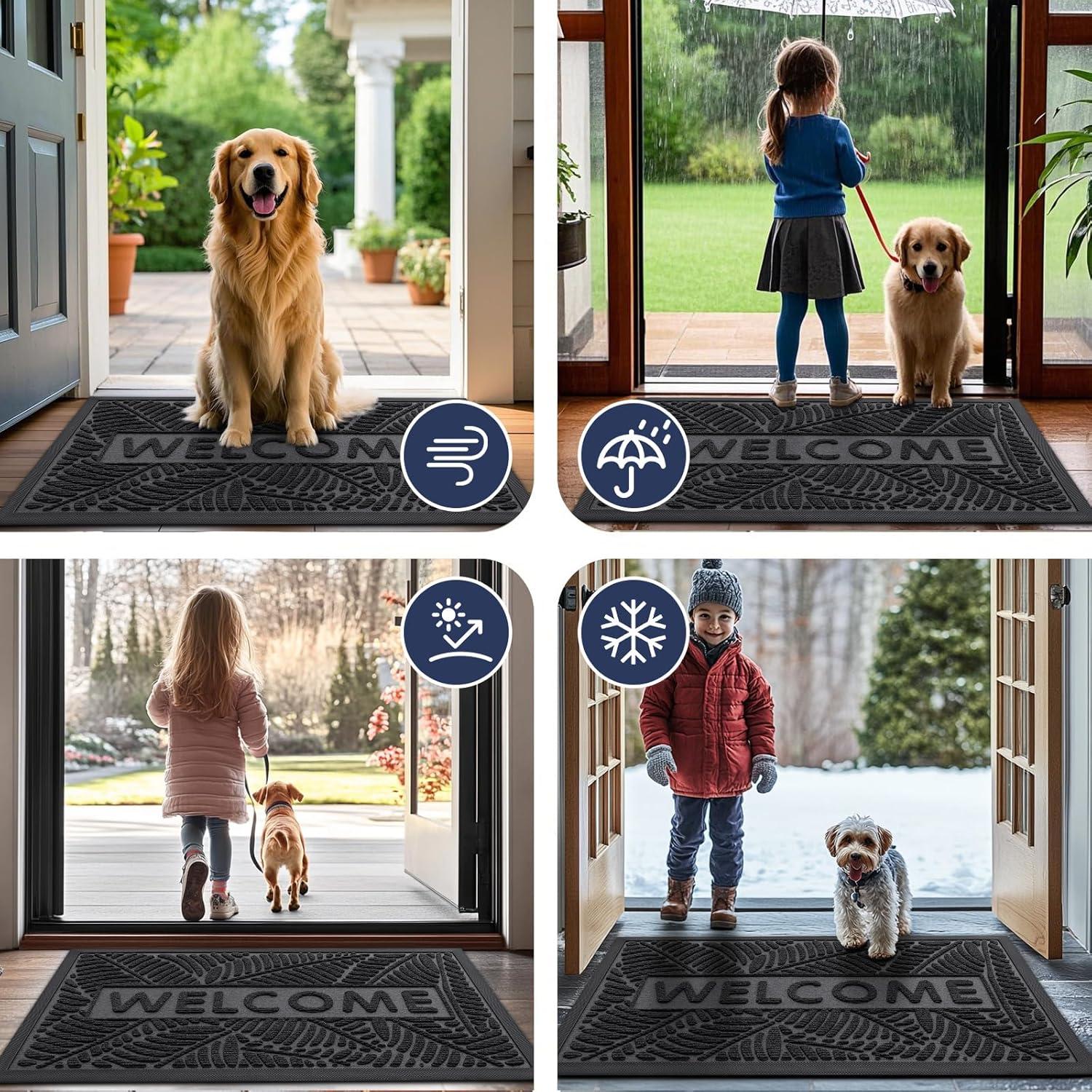 imageSmiry Welcome Mat Indoor Outdoor AllSeason Waterproof Front Door Mat Sturdy Natural Rubber Doormat NonSlip Easy Clean Low Profile Dirt Trapper for Porch Patio Entrance 295x17 GreenGrey