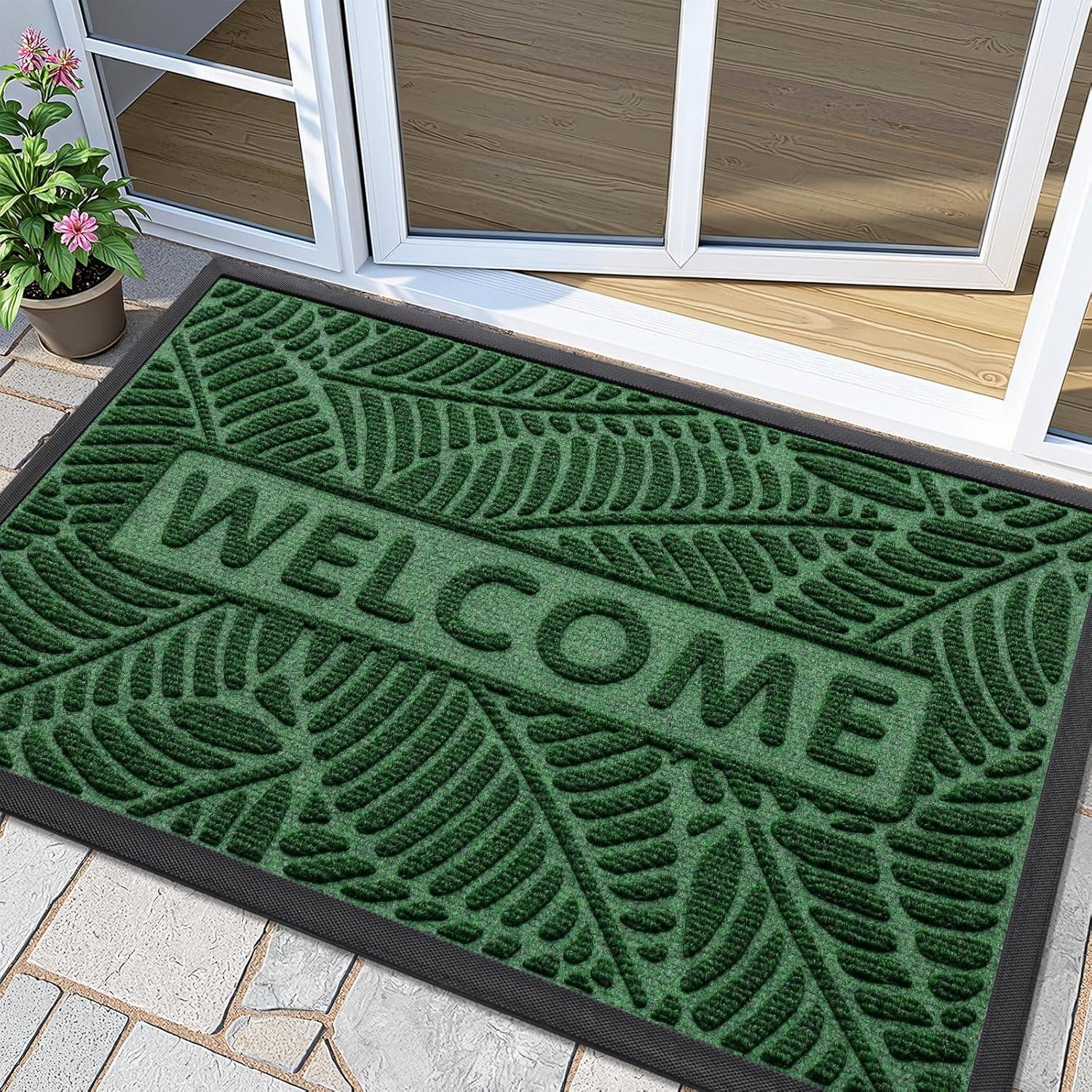 imageSmiry Welcome Mat Indoor Outdoor AllSeason Waterproof Front Door Mat Sturdy Natural Rubber Doormat NonSlip Easy Clean Low Profile Dirt Trapper for Porch Patio Entrance 295x17 GreenGreen