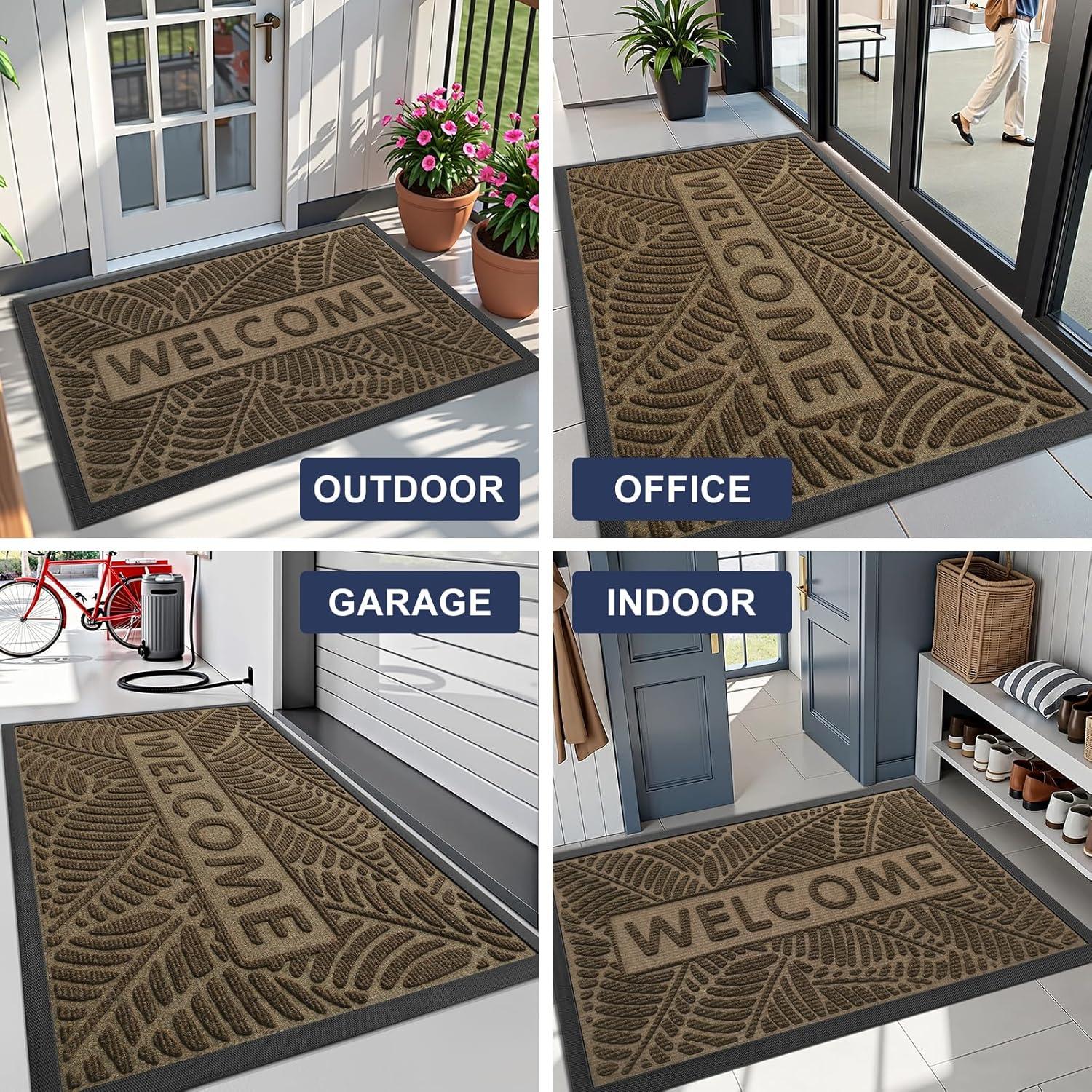 imageSmiry Welcome Mat Indoor Outdoor AllSeason Waterproof Front Door Mat Sturdy Natural Rubber Doormat NonSlip Easy Clean Low Profile Dirt Trapper for Porch Patio Entrance 295x17 GreenBrown