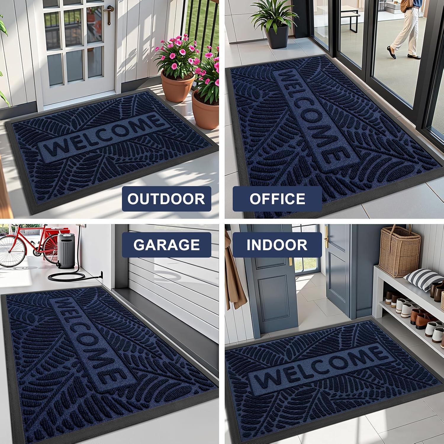 imageSmiry Welcome Mat Indoor Outdoor AllSeason Waterproof Front Door Mat Sturdy Natural Rubber Doormat NonSlip Easy Clean Low Profile Dirt Trapper for Porch Patio Entrance 295x17 GreenNavy